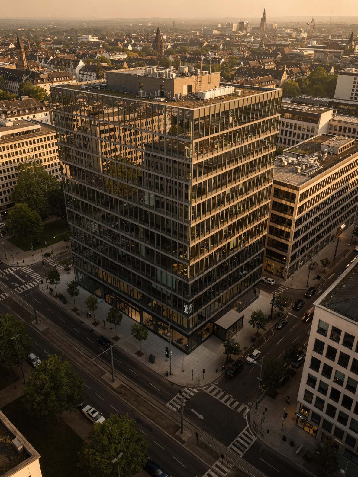 Aerial view of a modern office building in the city